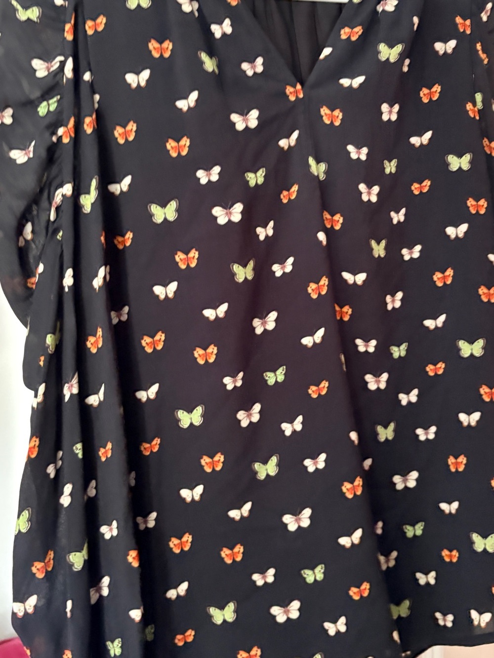 Butterfly Print Puff Sleeve Blouse - Black with Green, Red & White Butterflies - Picture 3 of 6